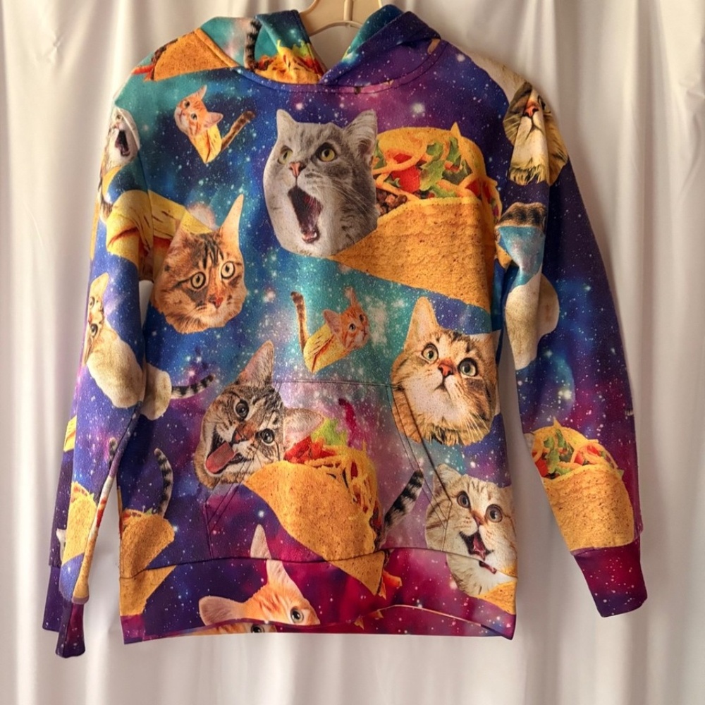 Taco Space Cats Pull Over Hoodie Kangaroo Pocket Poly/Spandex Pre-Shrunk Kids XL